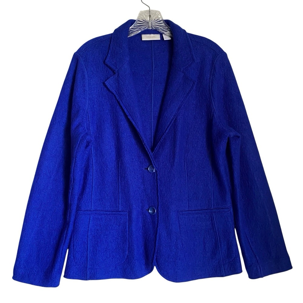 Chico's Blazer Jacket M Royal Blue Two Button Pockets Lightweight Boiled Wool - Picture 2 of 8
